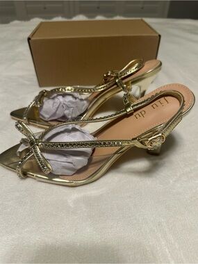Jiu DuGold Crystal Slingback Kitten Heel Sandals